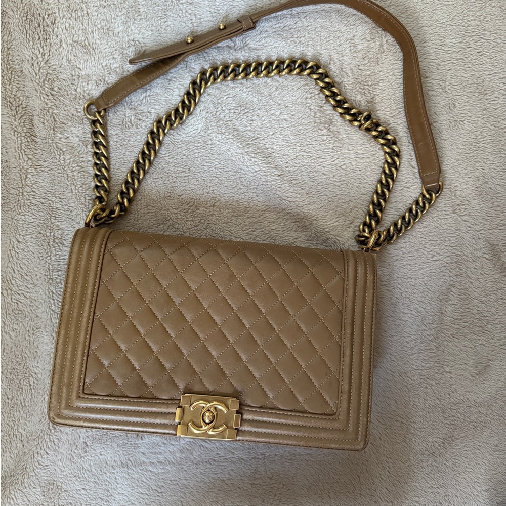 Chanel Beige Quilted Leather Large Boy Shoulder Bag